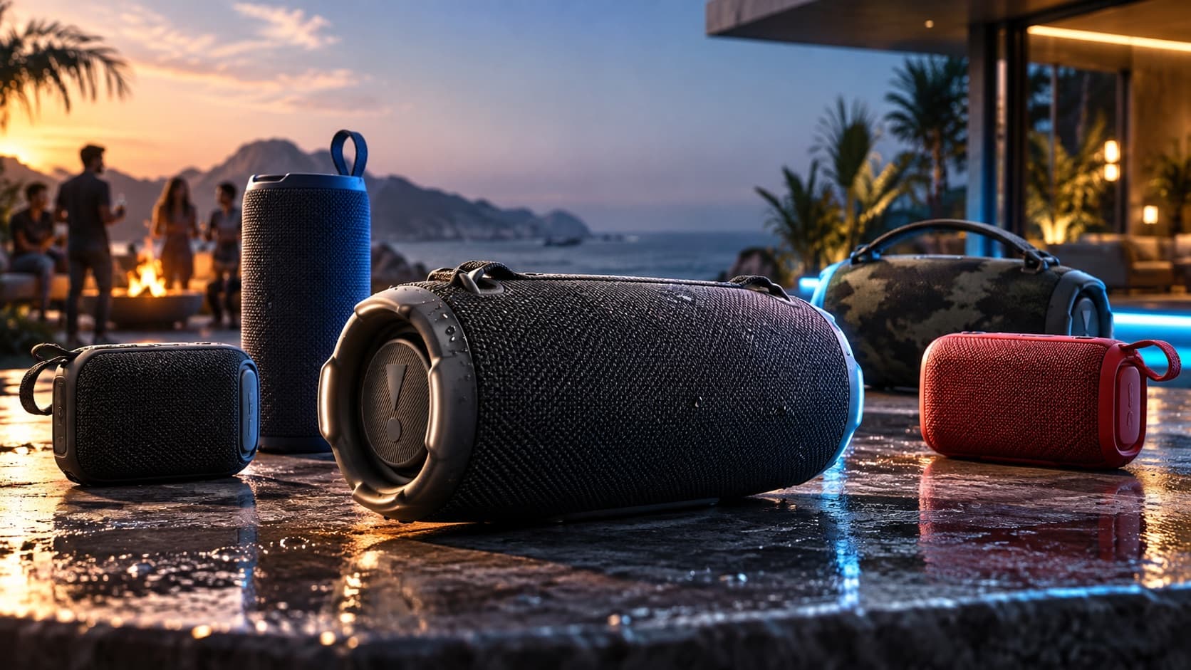 Varias bocinas Bluetooth portátiles de distintos tamaños sobre una terraza junto al mar al atardecer