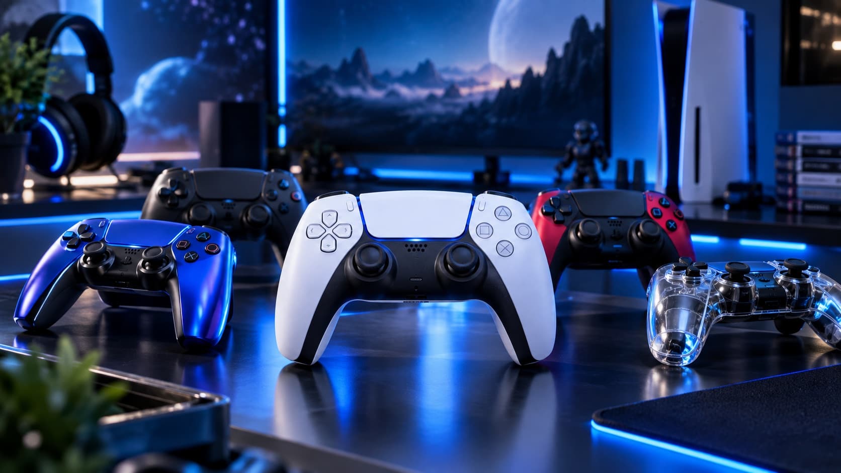 Varios controles de PlayStation 5 de distintos colores sobre un escritorio con luz azul
