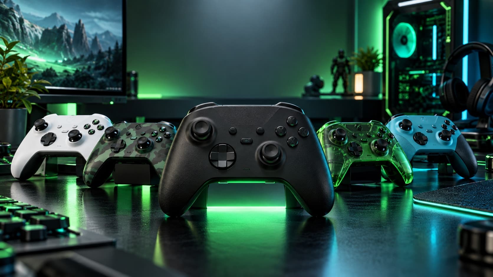 Varios controles de Xbox de distintos colores sobre un escritorio gamer con luz verde