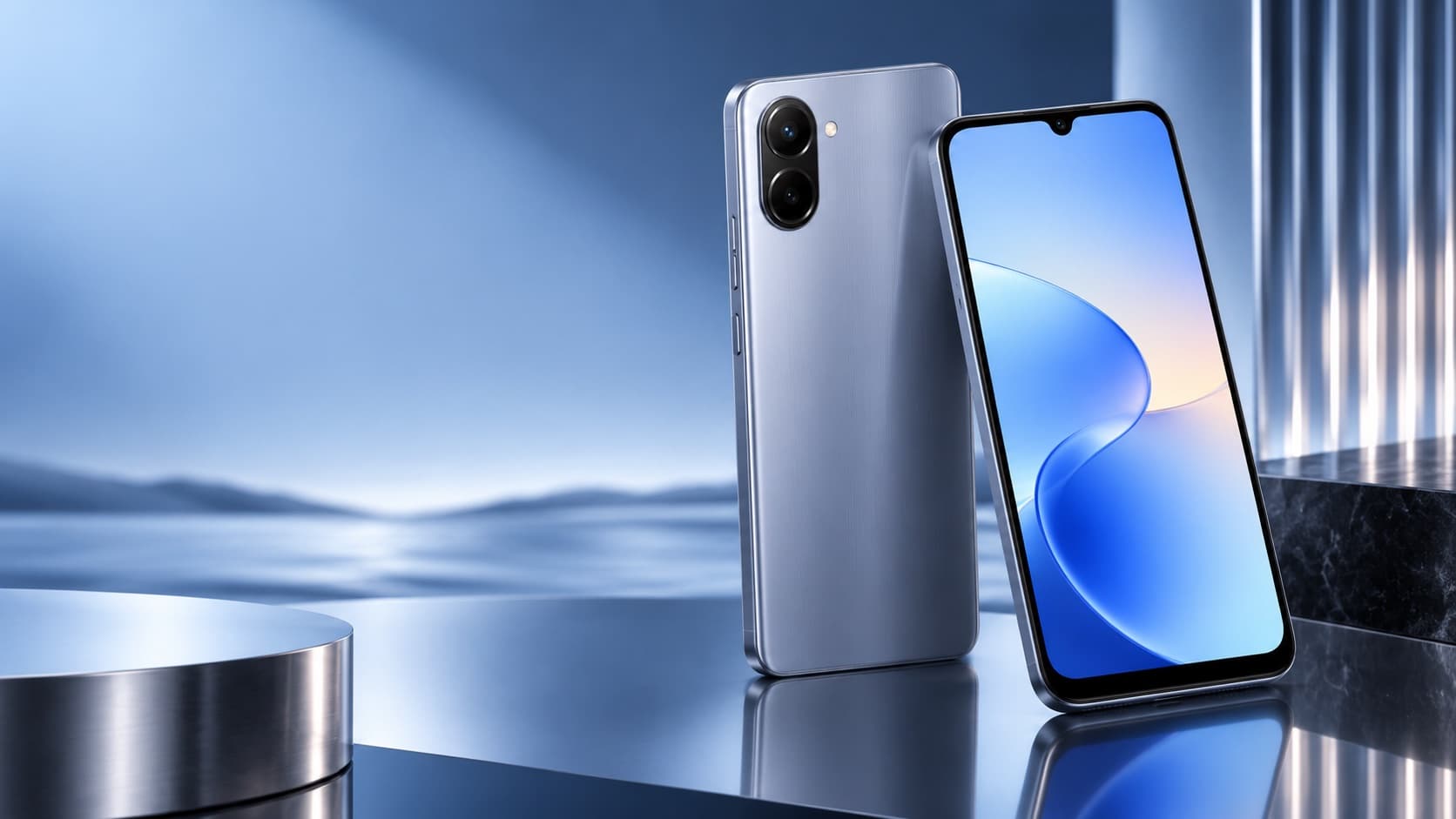 Teléfono Android visto de frente y de espaldas sobre un fondo azul metálico