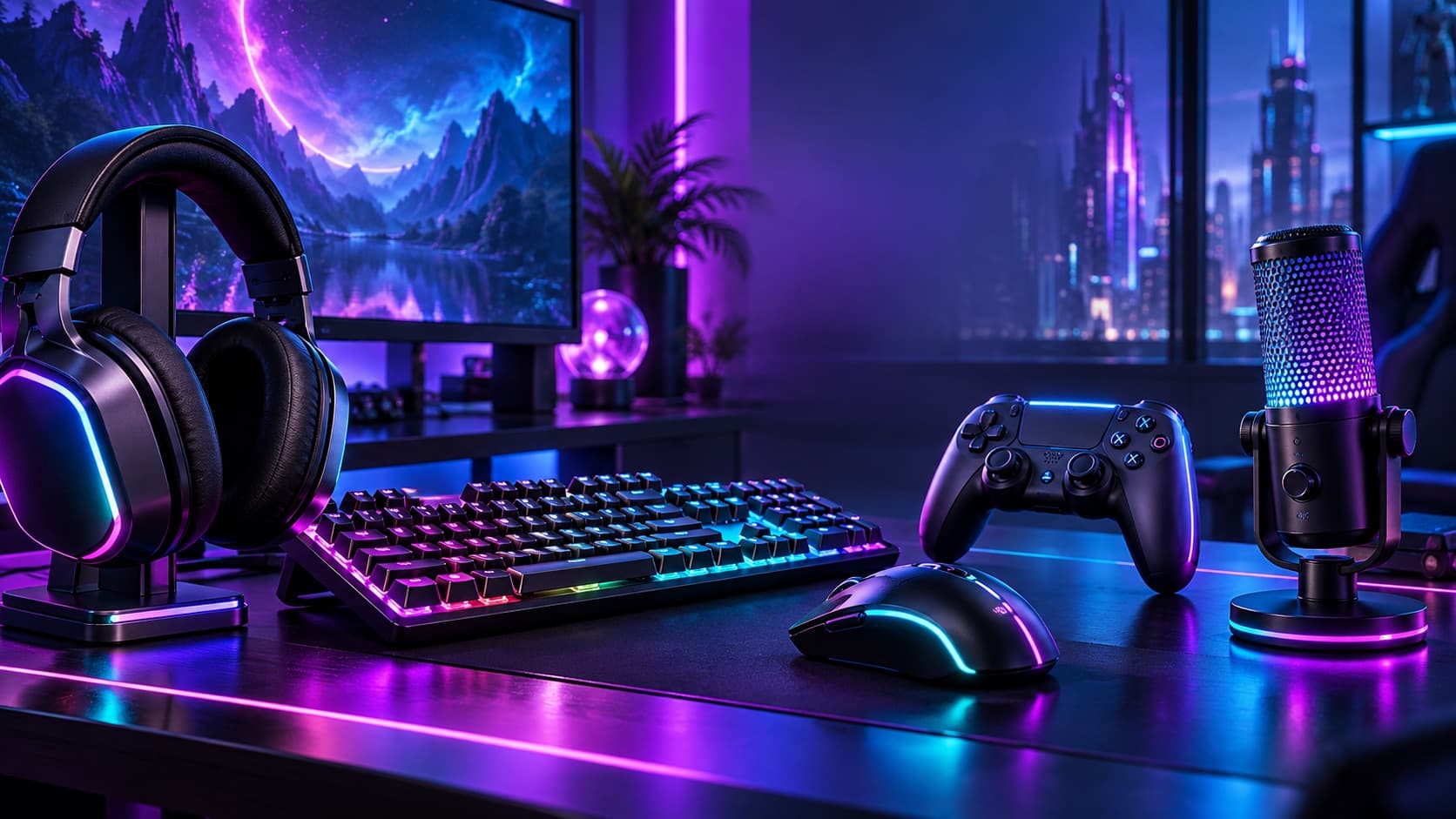 Escritorio gamer con headset, teclado retroiluminado, mouse, mando y micrófono USB