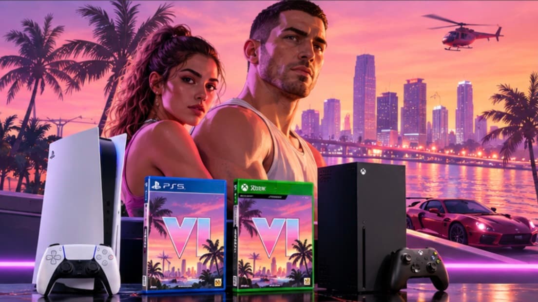 Ilustración de Jason y Lucia sobre el horizonte de Vice City al atardecer, con una PlayStation 5 y una Xbox Series X y las cajas del juego