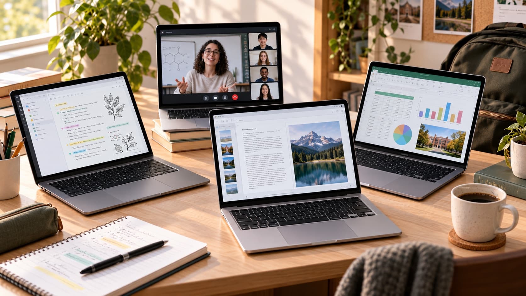 Cuatro laptops abiertas sobre un escritorio de estudio, con apuntes, una videollamada de clase, un documento y una hoja de cálculo en pantalla
