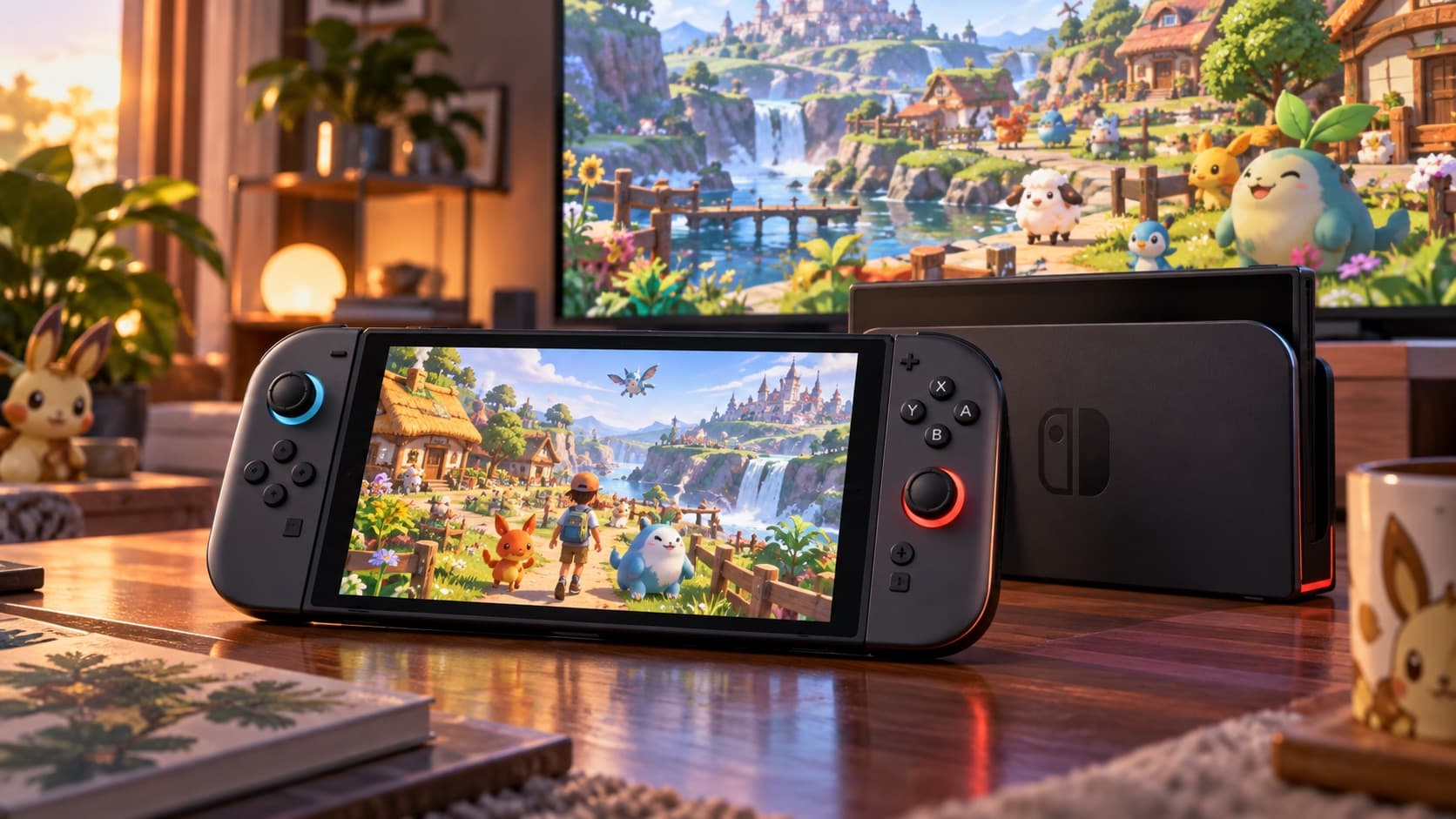 Nintendo Switch 2 en modo portátil sobre una mesa, con un pueblo de Pokémon en la pantalla, su dock detrás y el mismo juego en el televisor