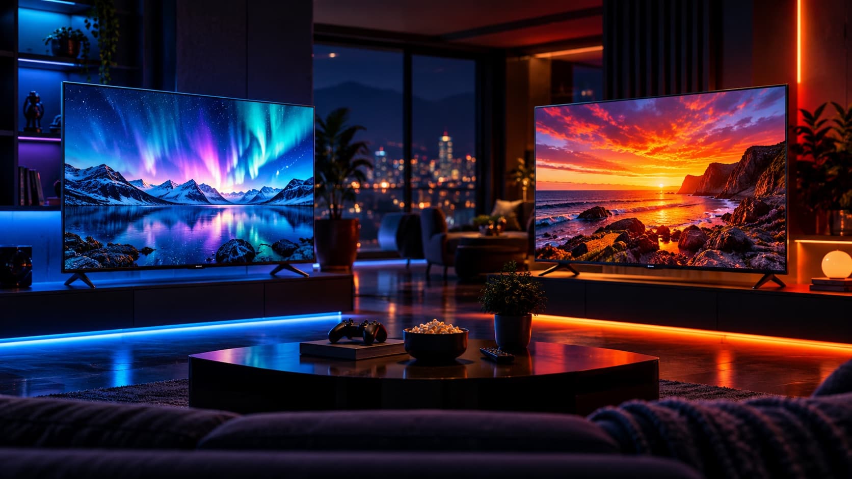 Dos televisores encendidos en una sala con iluminación de neón