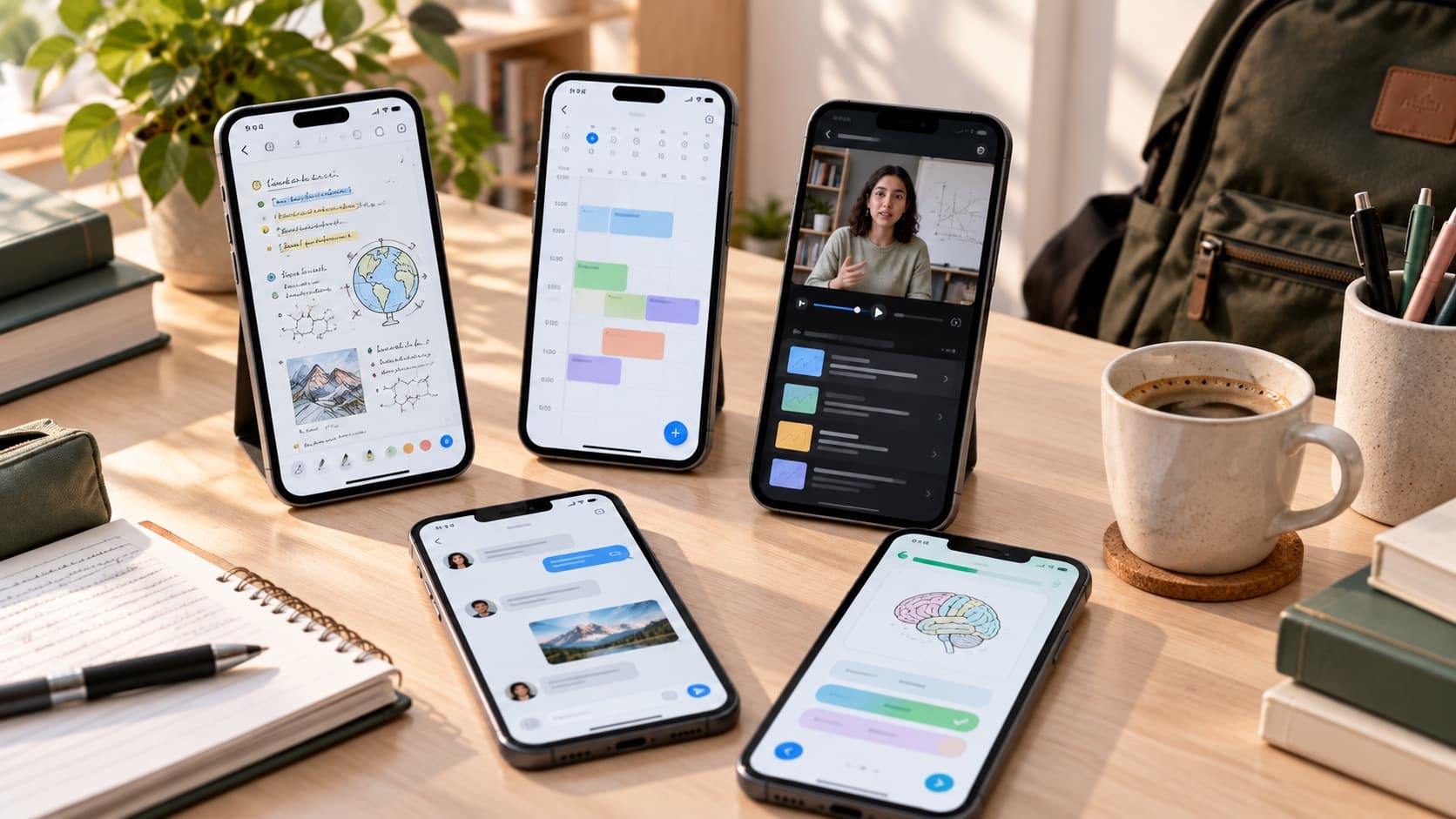 Cinco celulares sobre un escritorio de estudio, mostrando apuntes a mano, un horario de clases, una clase en video y una aplicación de estudio