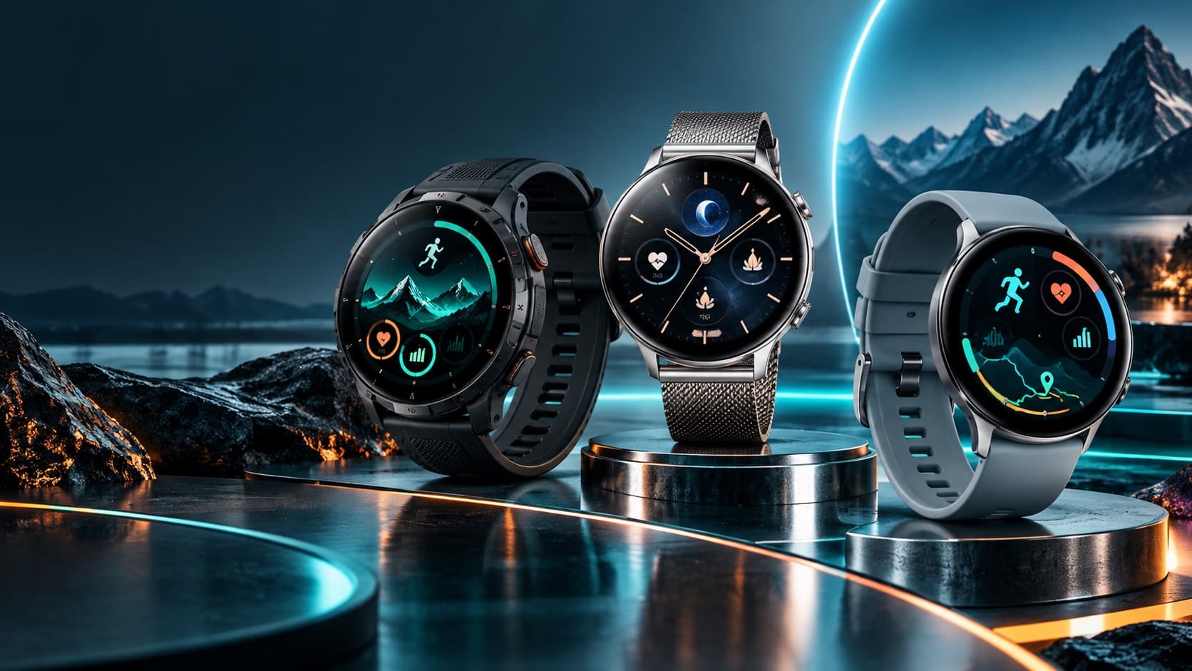 Tres smartwatches con esferas de actividad, ritmo cardiaco y mapas en pantalla