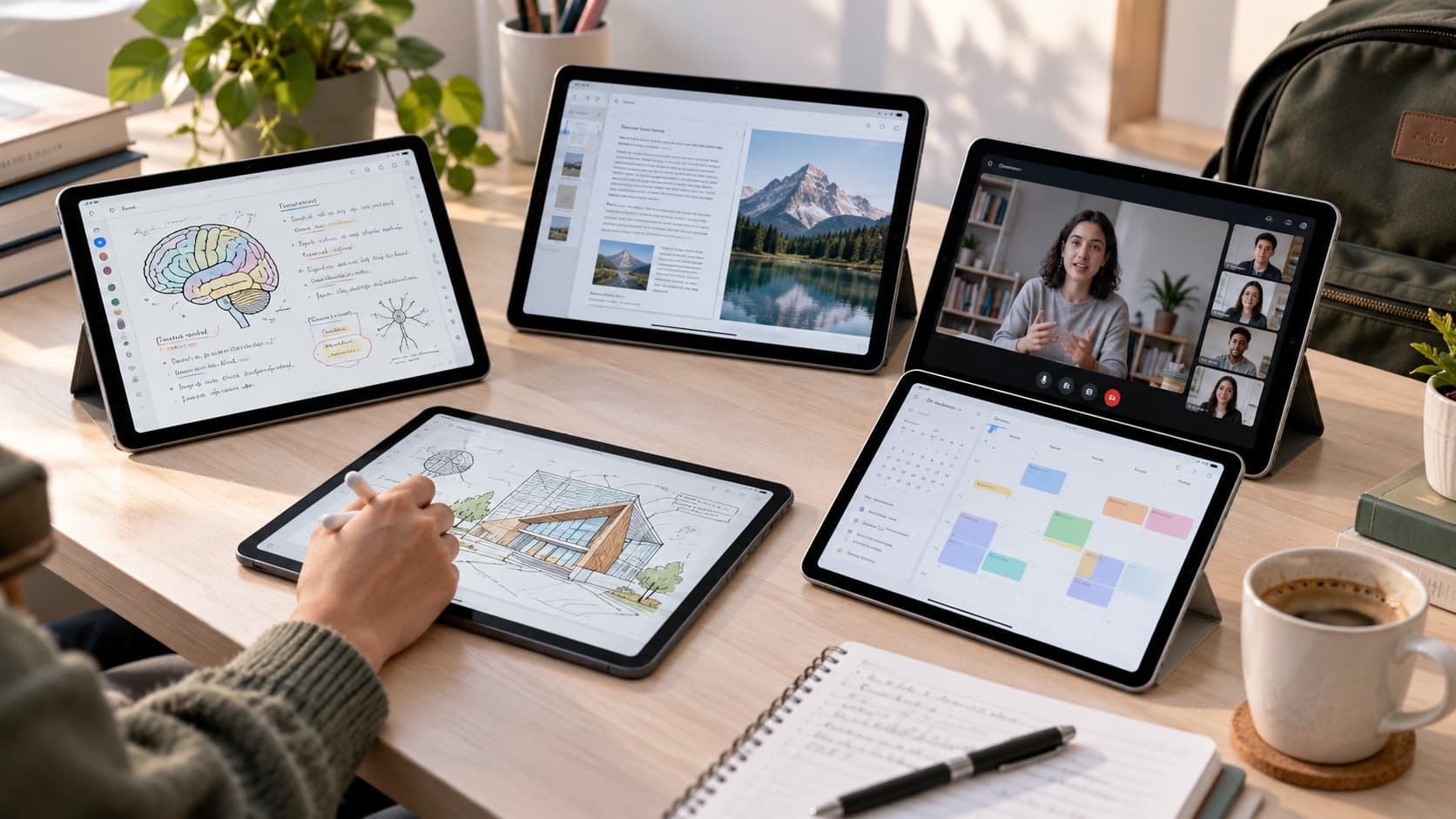 Cinco tablets sobre un escritorio de estudio; en una, una mano dibuja un plano con lápiz óptico, y las demás muestran apuntes, un documento, una videollamada y un calendario